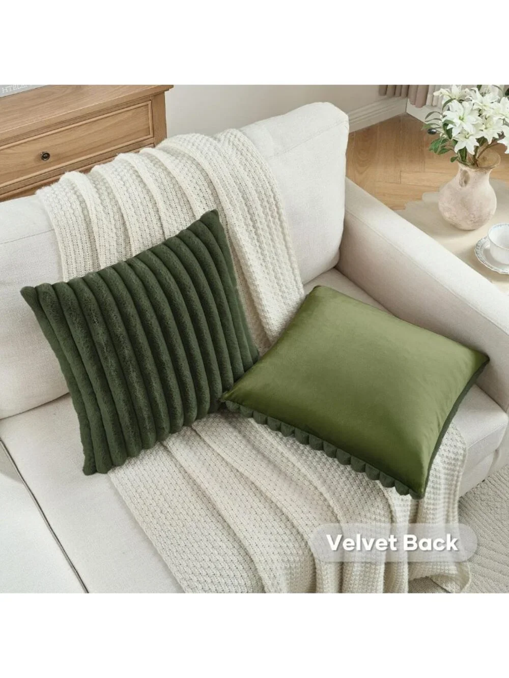 Set of 2 Olive Green Fluffy Faux Fur Throw Pillow Covers 18x18